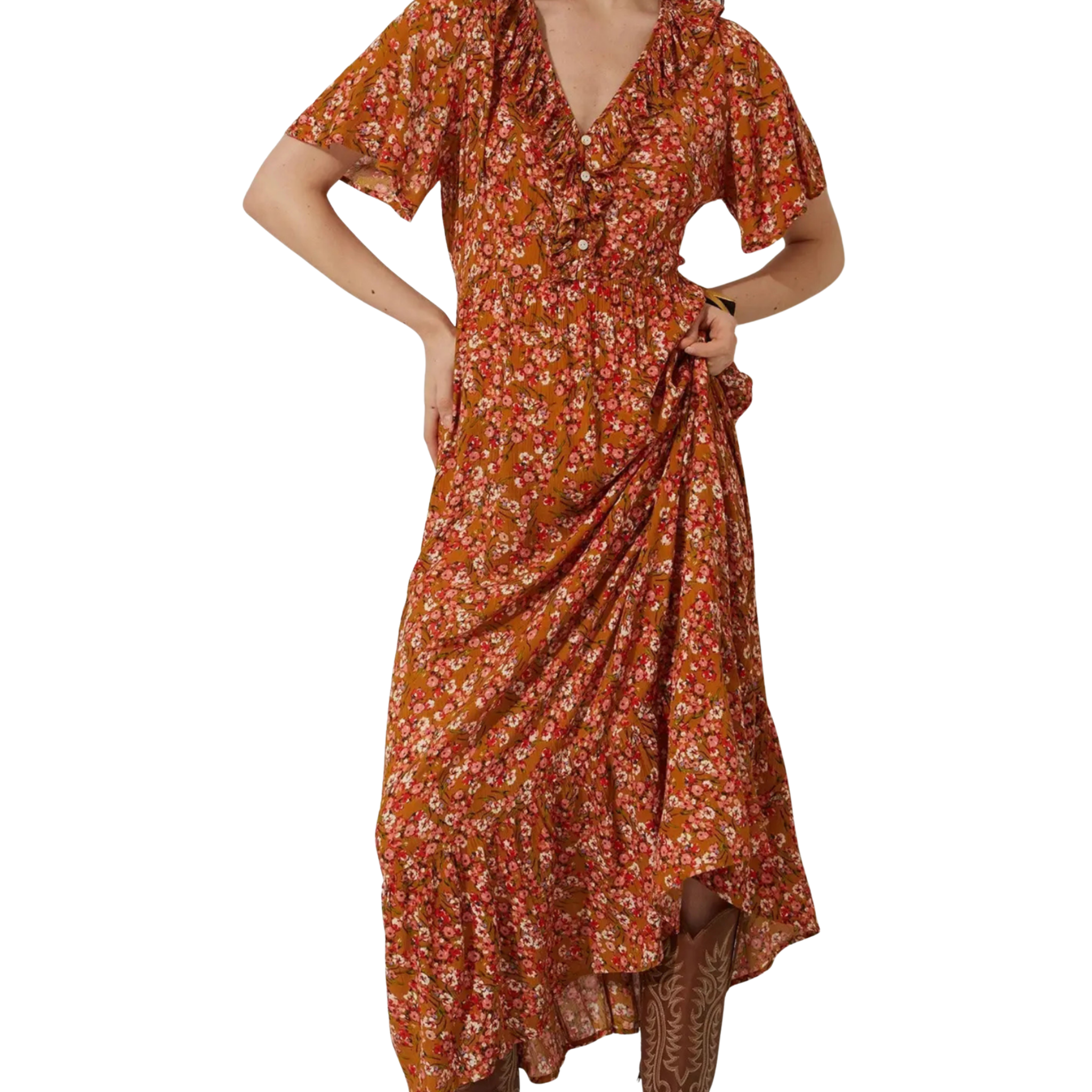 Bohera Bernadette Floral Neck Ruffle Dress