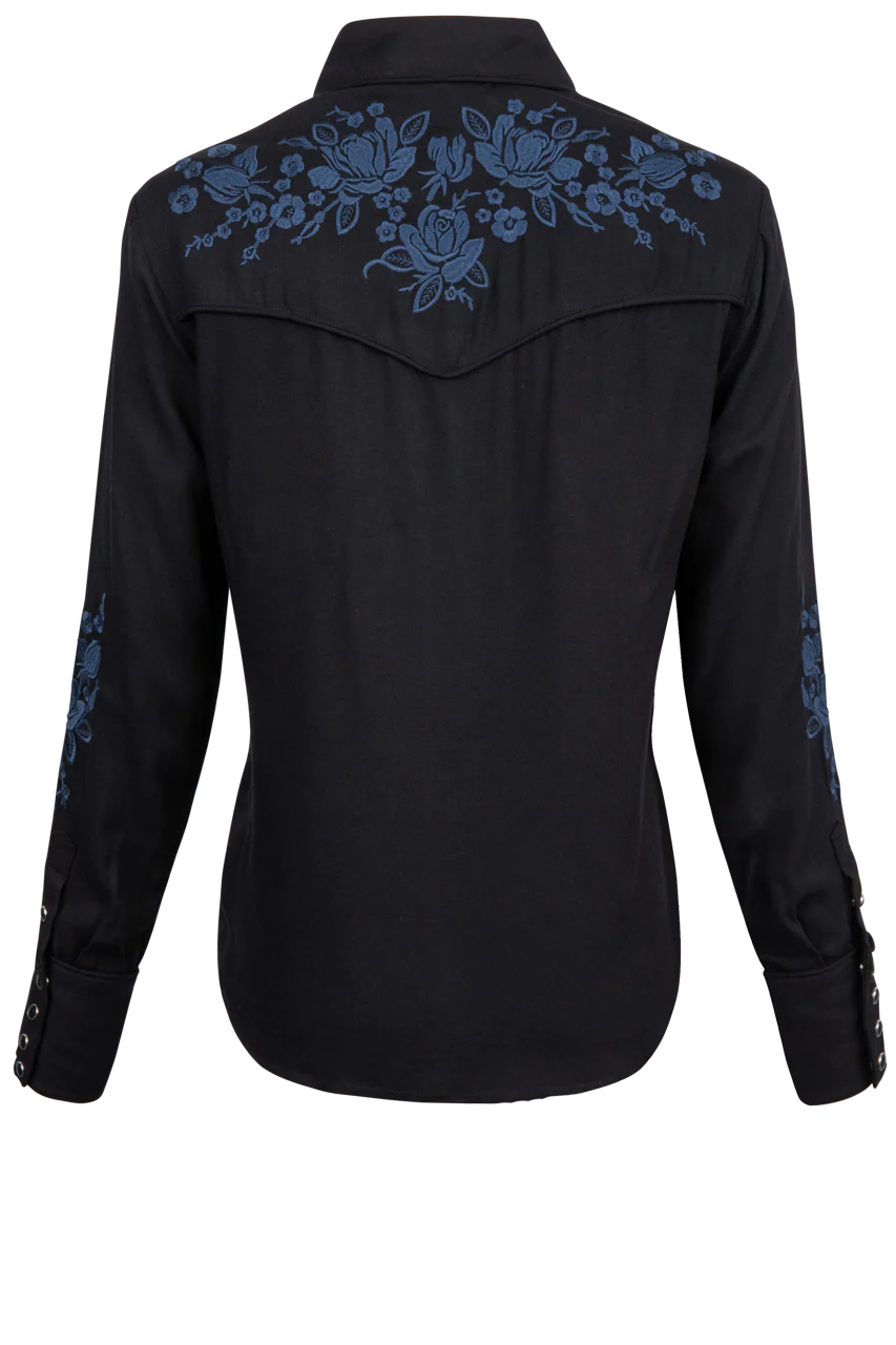 Stetson | Blue Embroidered Rayon Snap Shirt | Black