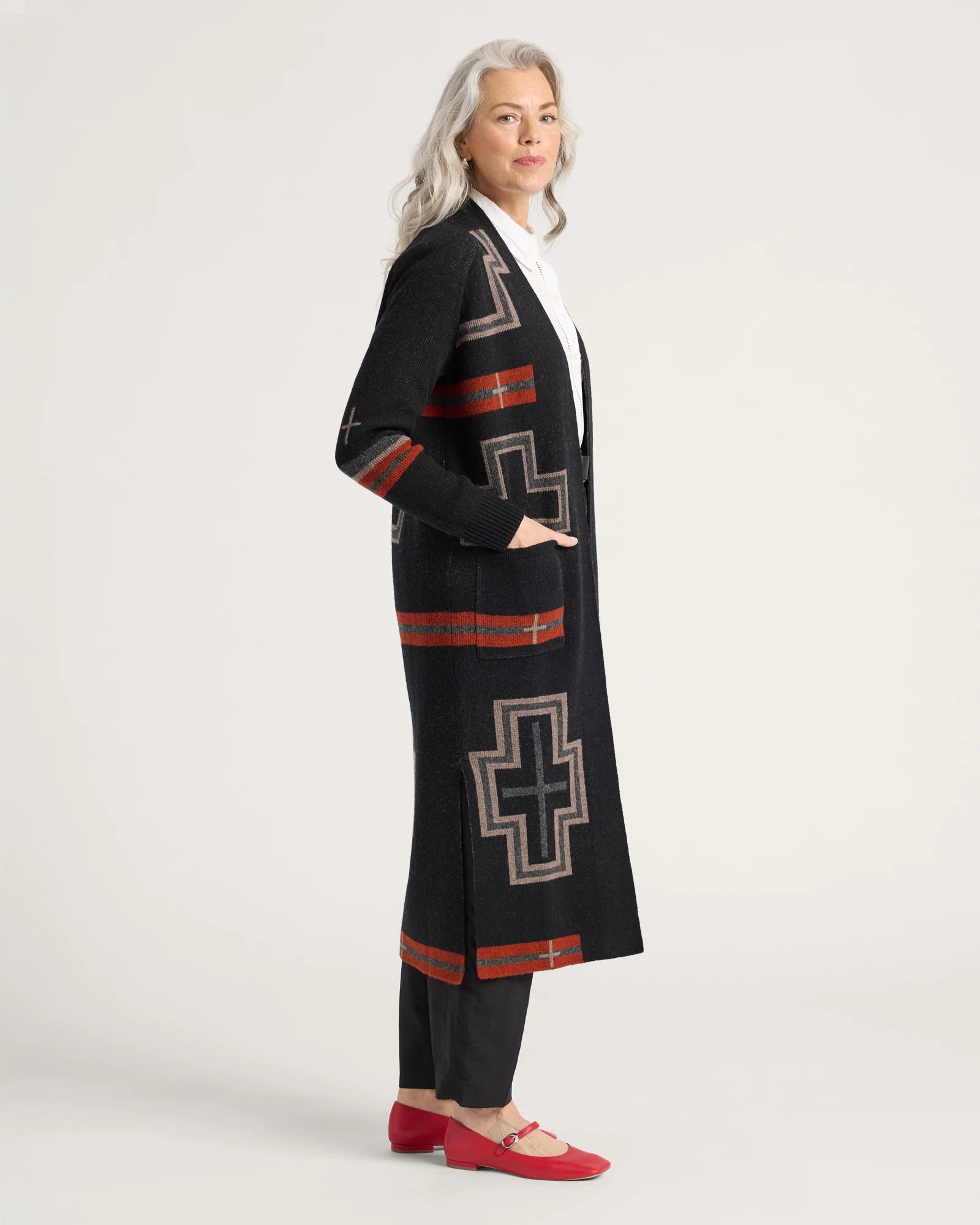 Pendleton | Lambswool Duster Sweater | Black/Red San Miguel