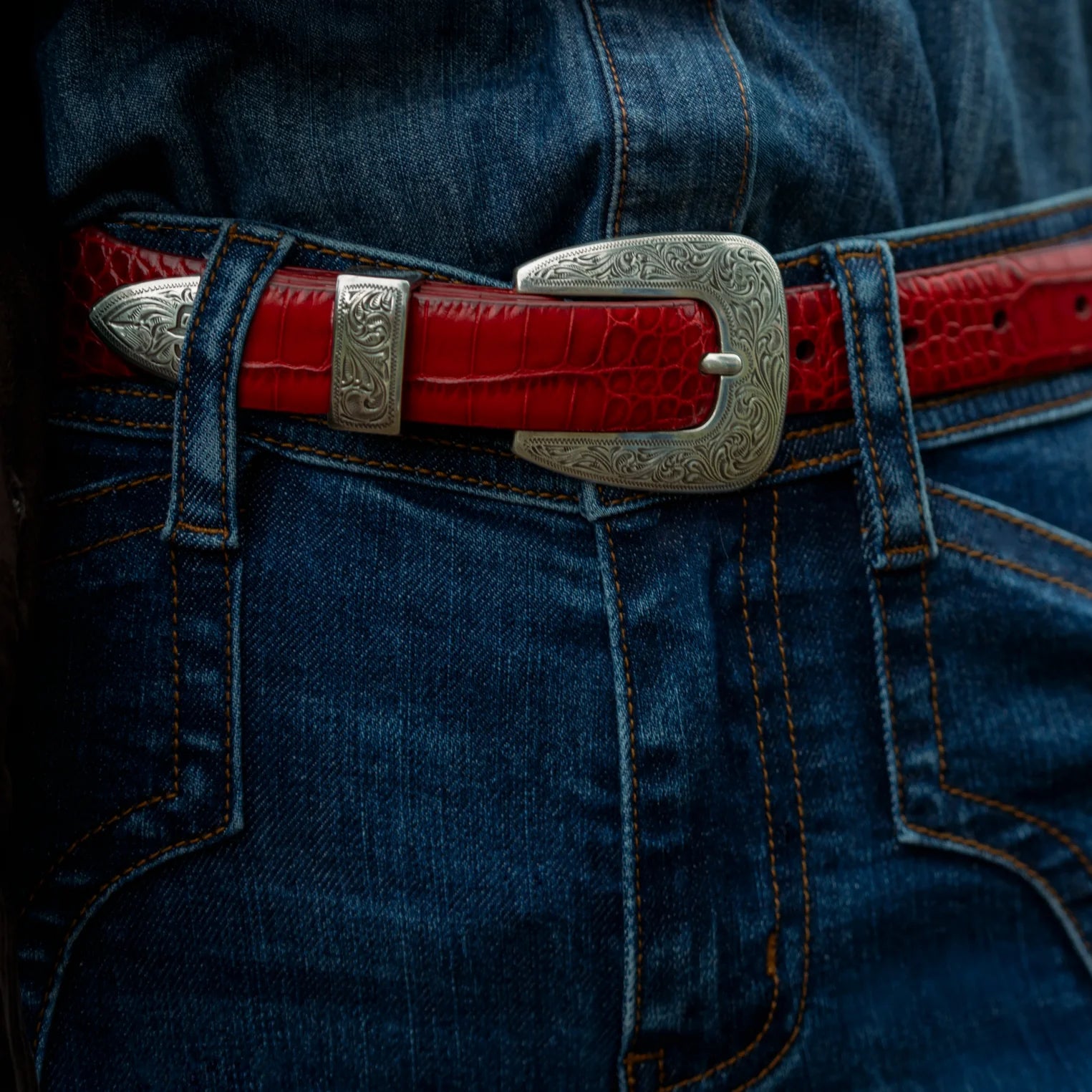 Stetson | Croc Print Italian Leather Tapered Belt | Red