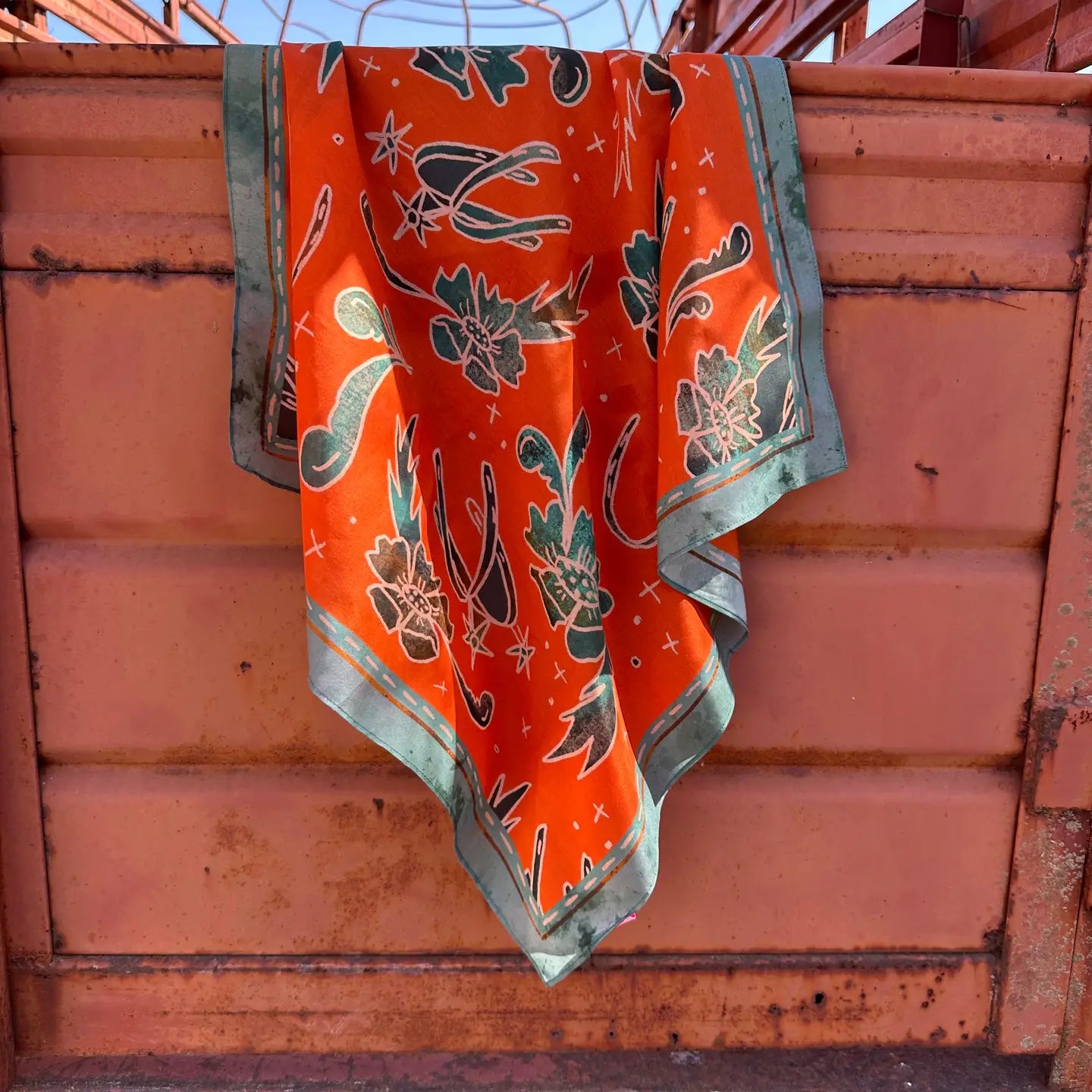 Spurs N’ Horseshoes in Rust Silk Wild Rag Scarf | 26 x 26