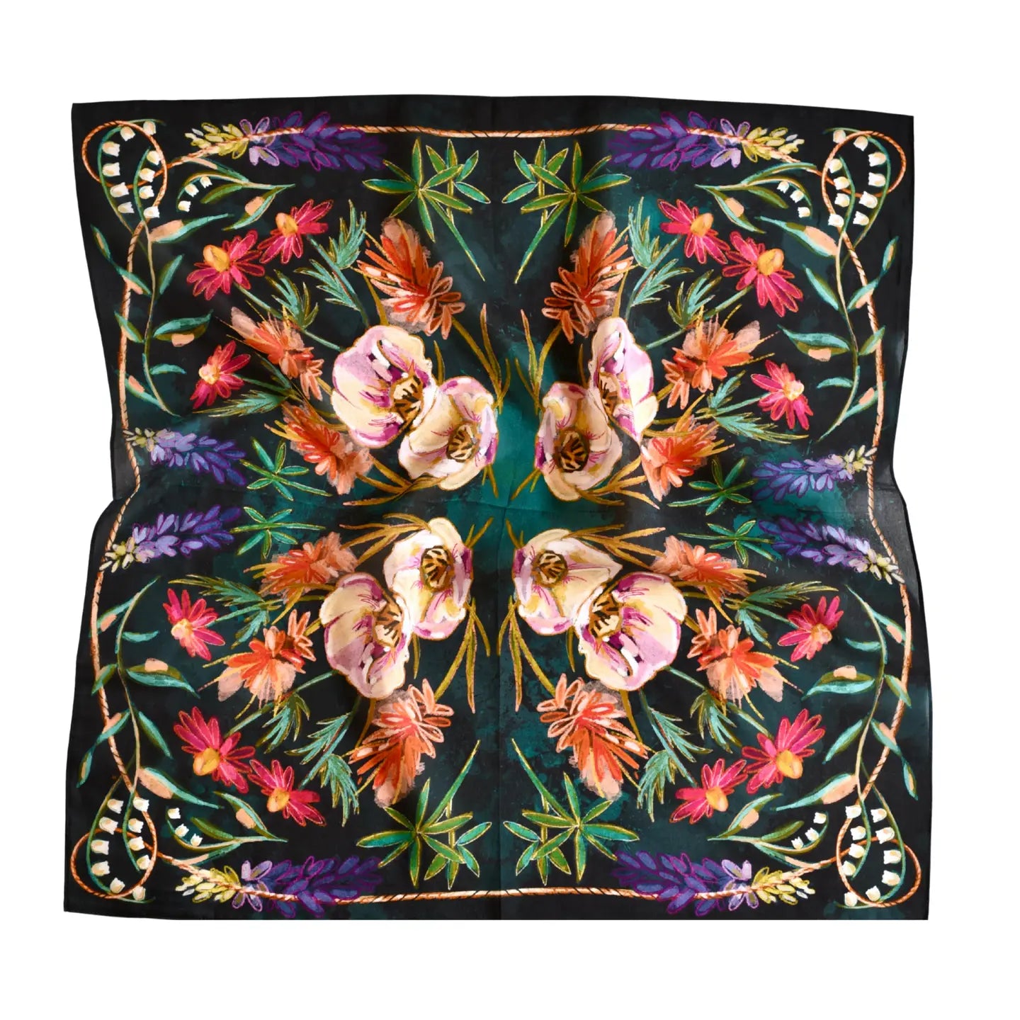 Vivid Wildflowers Western Cowgirl Silk Wild Rag Scarf | Blue | 26 x 26