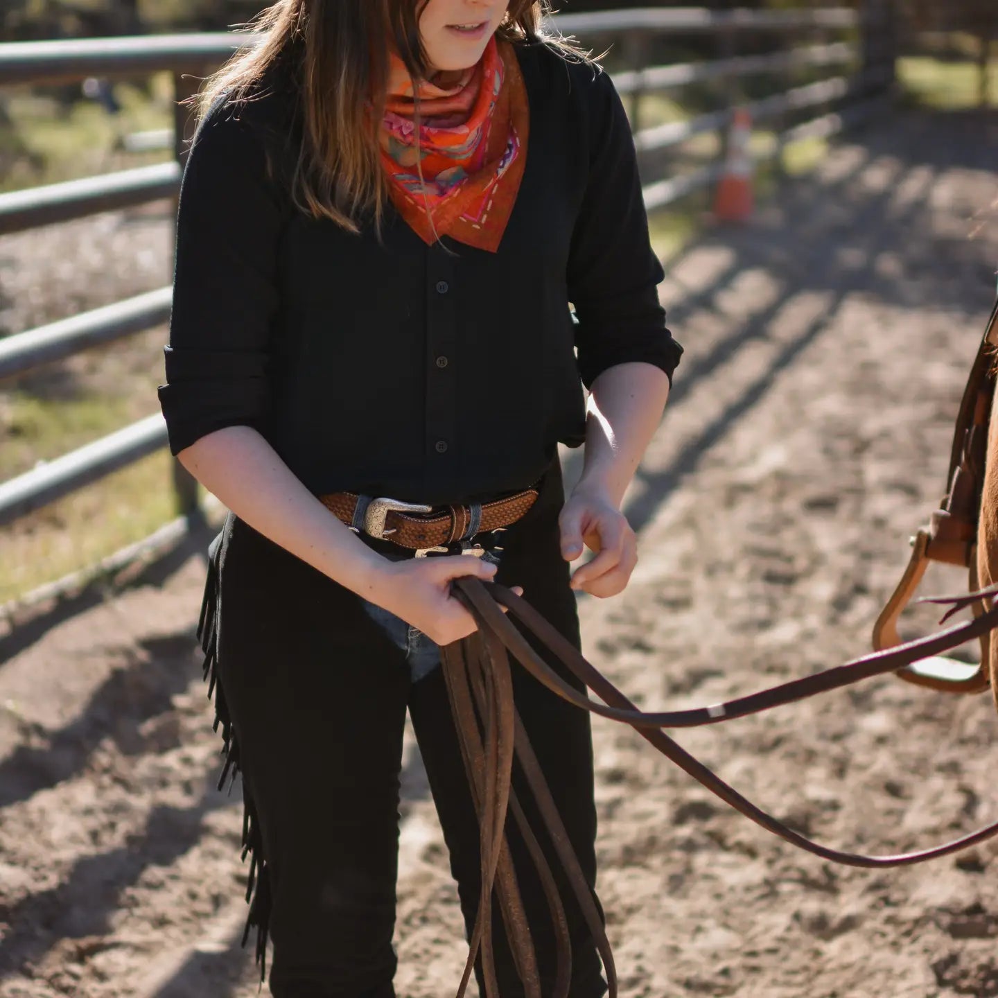 Rust Rodeo Red Floral Silk Western Cowgirl Wild Rag Scarf | 26 x 26