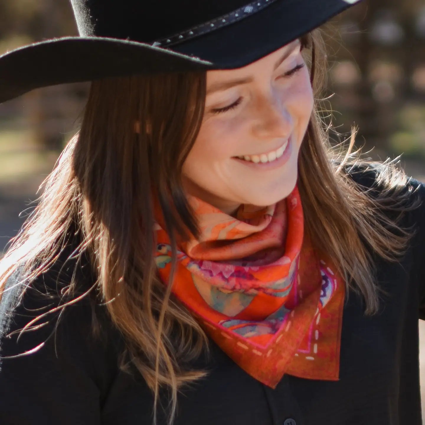 Rust Rodeo Red Floral Silk Western Cowgirl Wild Rag Scarf | 26 x 26