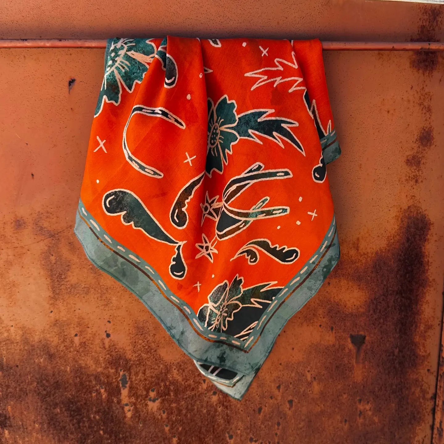 Spurs N’ Horseshoes in Rust Silk Wild Rag Scarf | 26 x 26