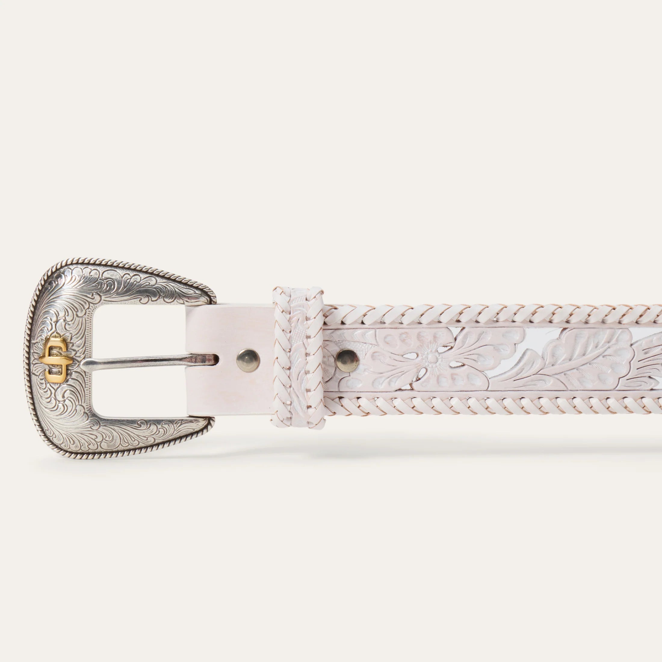 Stetson | Tooled Leather w/ Cutouts & Whipstitch Edges Belt | White
