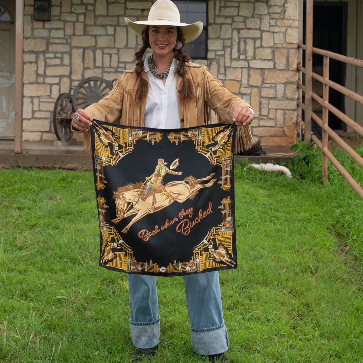 Back When They Bucked Silk Bandana 26 x 26 | Black