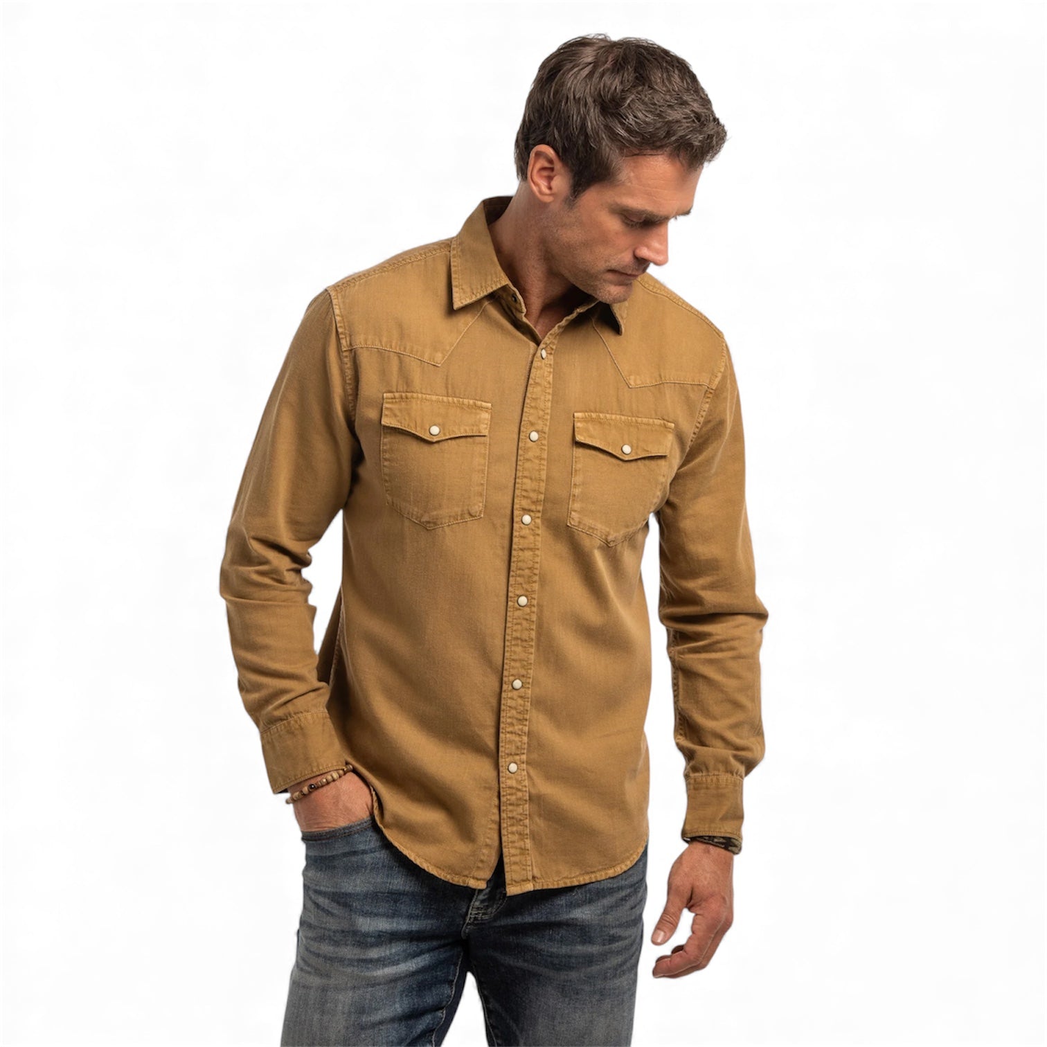 Madison Creek Outfitters | Bisley Cotton/Linen Western Snap Shirt | Buckskin