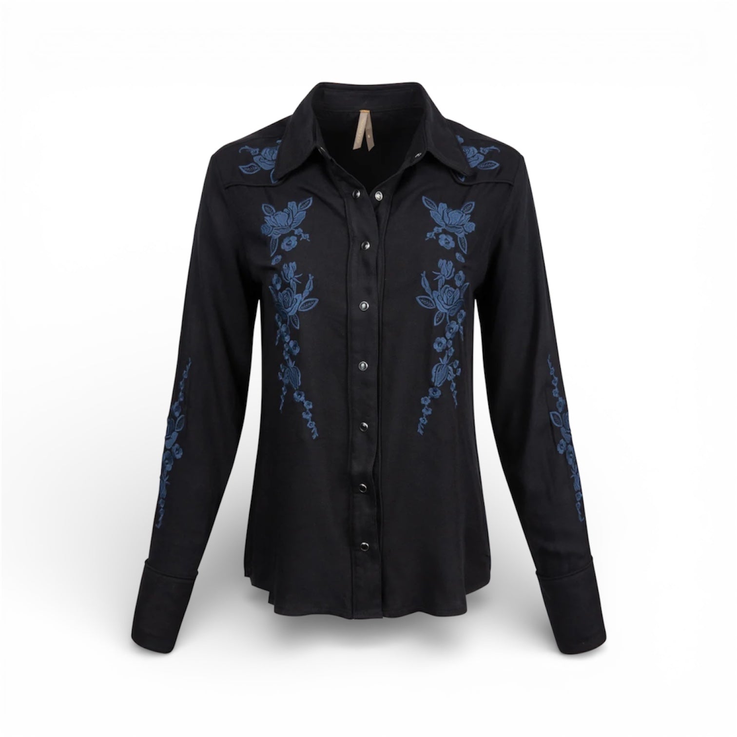 Stetson | Blue Embroidered Rayon Snap Shirt | Black