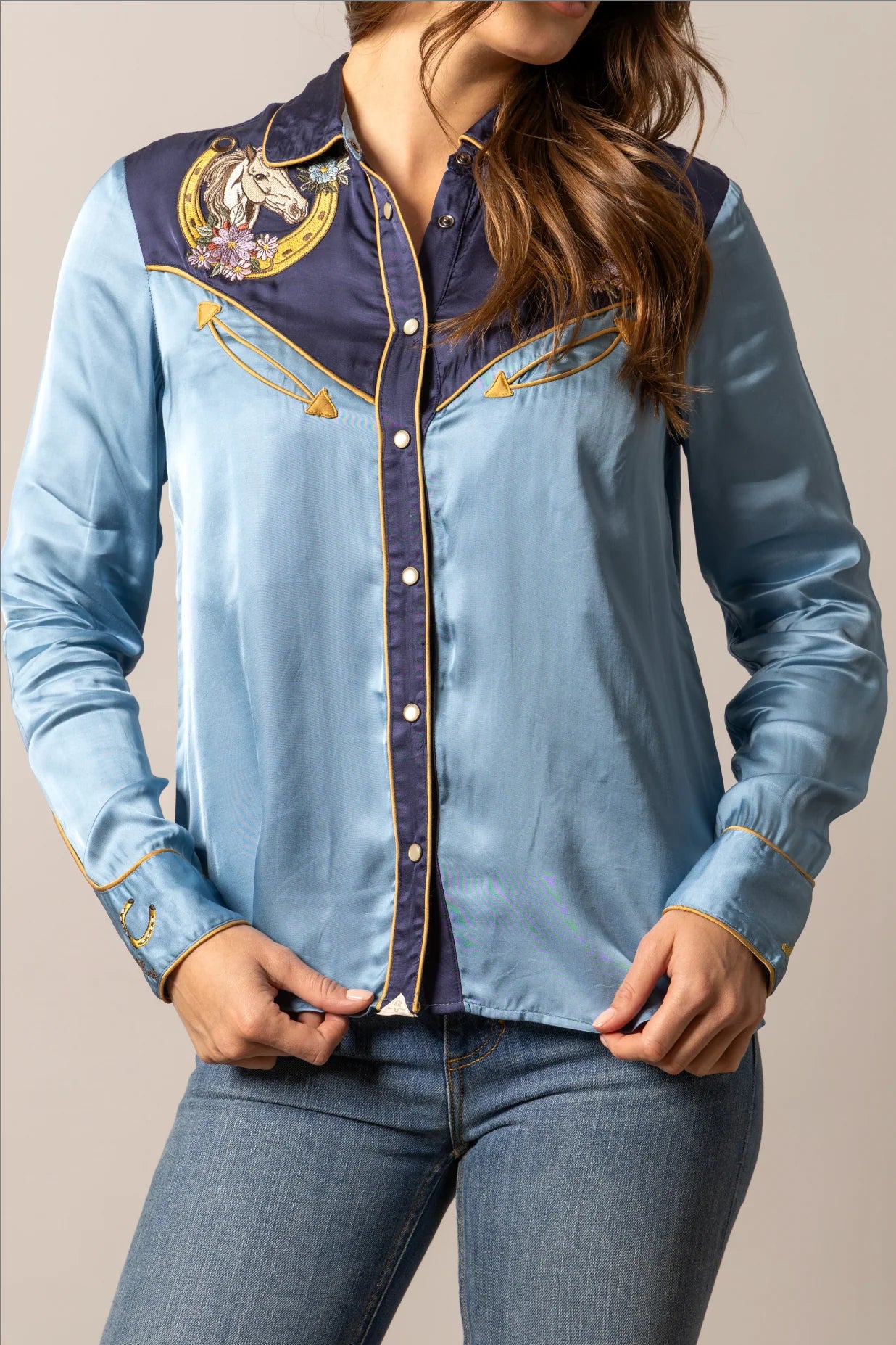 Kimes Ranch | Merada Embroidered Snap Blouse | Mid Blue