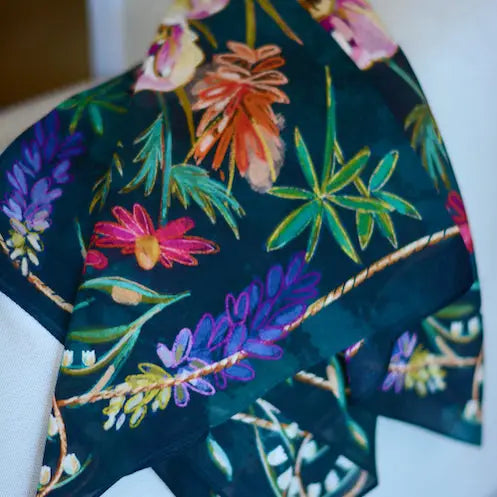 Vivid Wildflowers Western Cowgirl Silk Wild Rag Scarf | Blue | 26 x 26