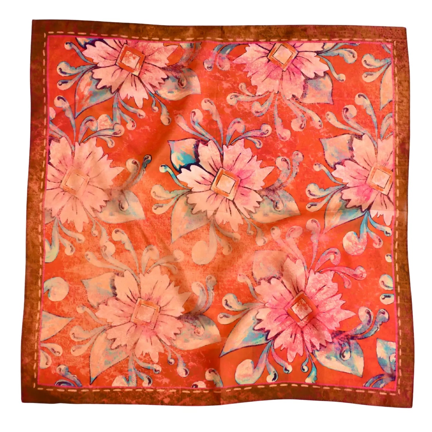 Rust Rodeo Red Floral Silk Western Cowgirl Wild Rag Scarf | 26 x 26