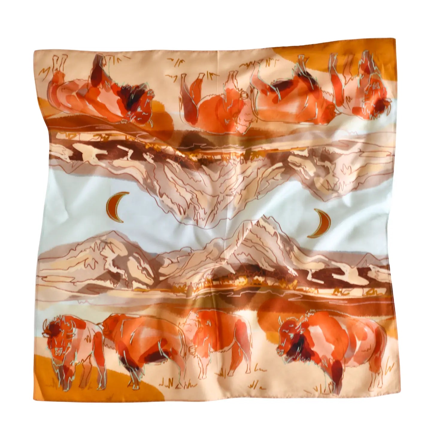 Bison and Mountain Range Silk Wild Rag Scarf | 26 x 26