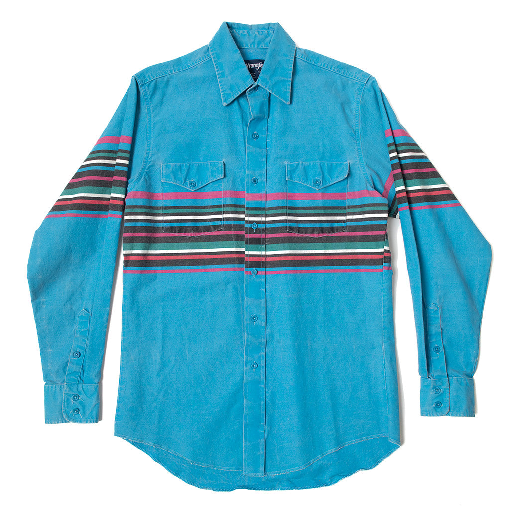 Vintage Wrangler Men's Teal Stripe Brushpopper Shirt | L
