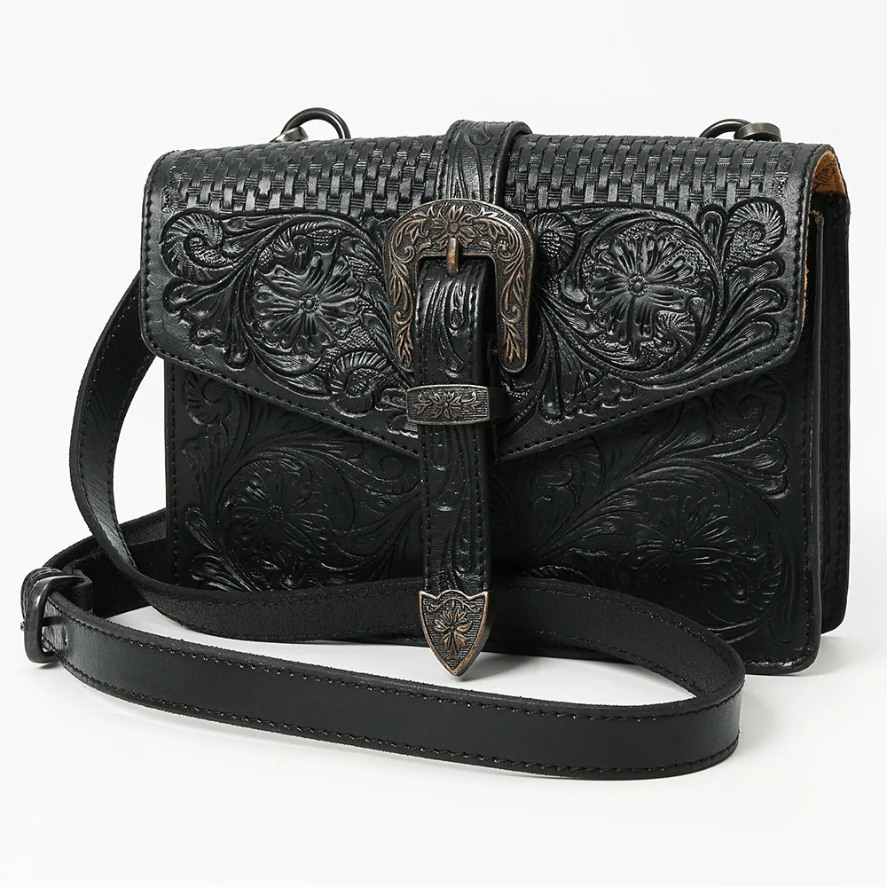 Tooled Black Leather Crossbody With Top Strap