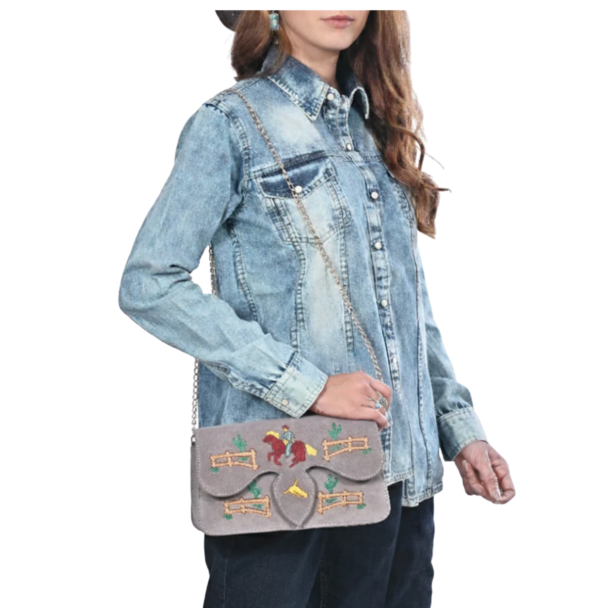 Suede Cowboy Embroidered Grey Crossboy Bag