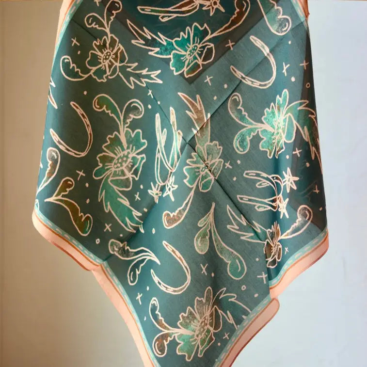 Floral Spurs Turquoise Silk Wild Rag Scarf | 26 x 26