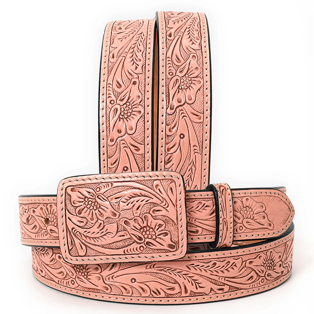 Tooled Natural Leather Belt With Tooled Buckle