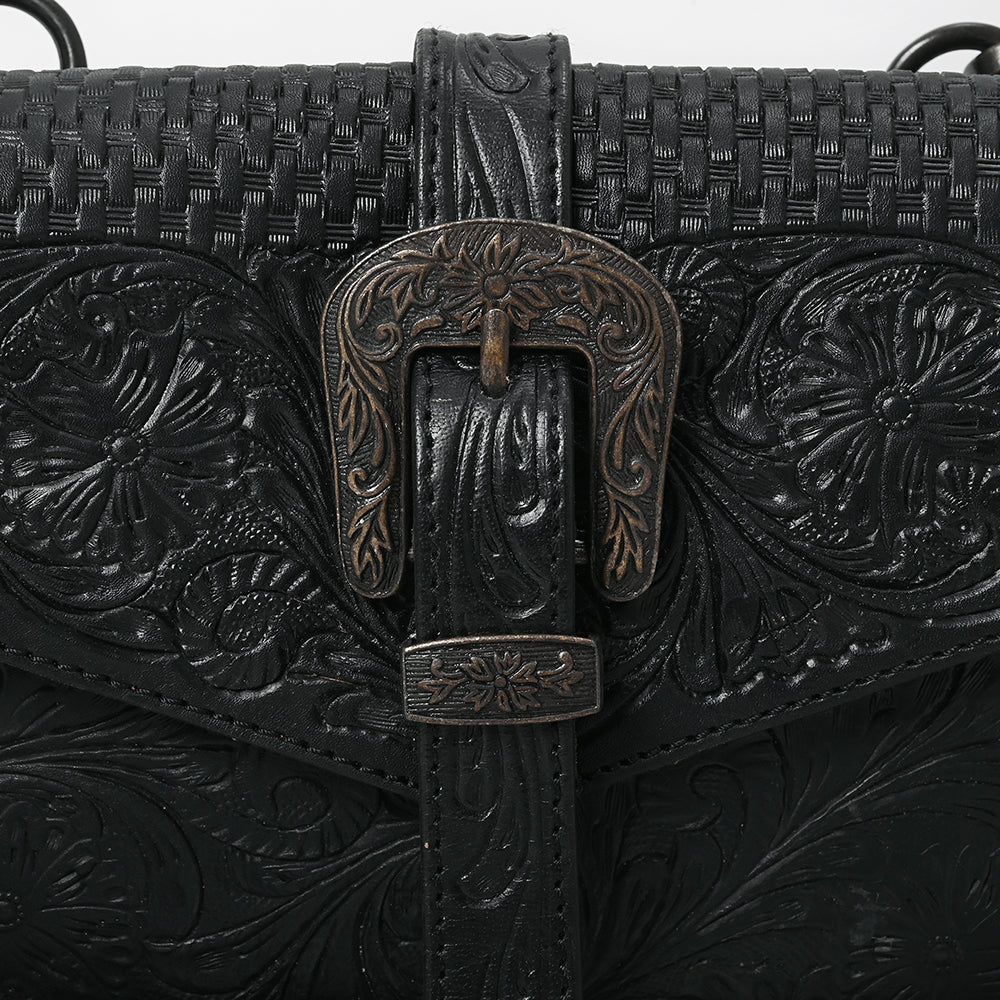 Tooled Black Leather Crossbody With Top Strap