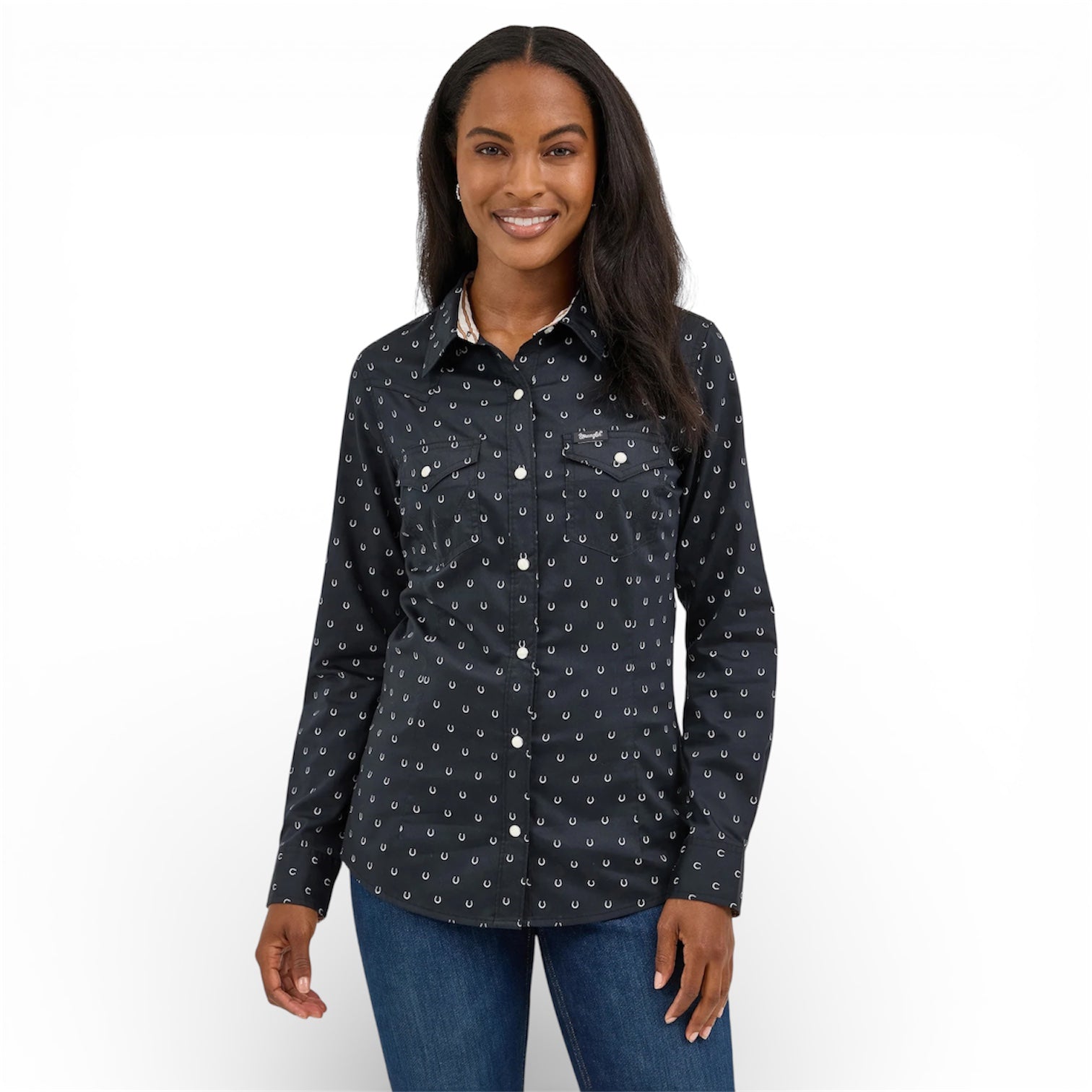 Wrangler Retro | Western Horse Shoe Print Snap Shirt | Black
