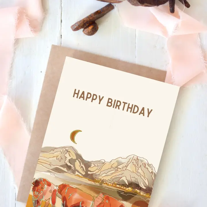Moon Rise Bison Prairie Happy Birthday Card