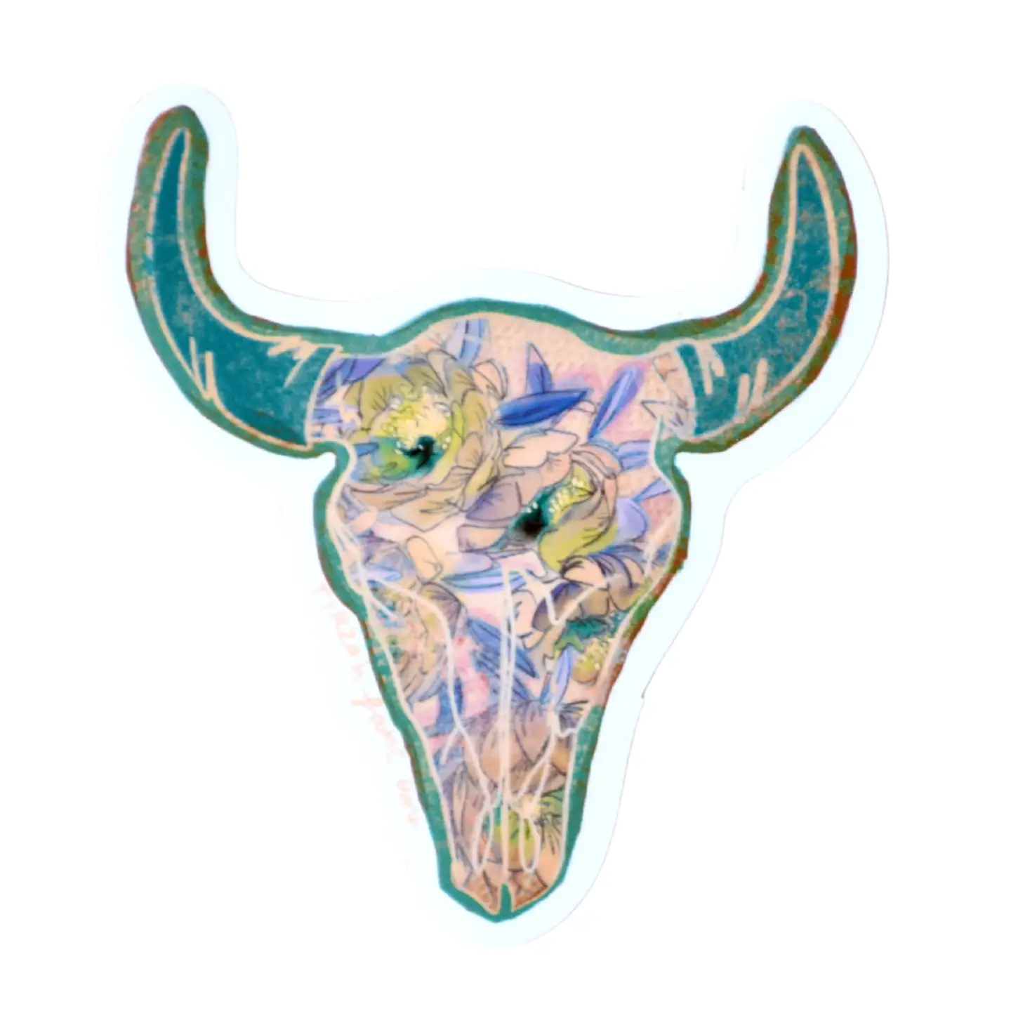 Floral Turquoise Colorful Cow Skull Sticker