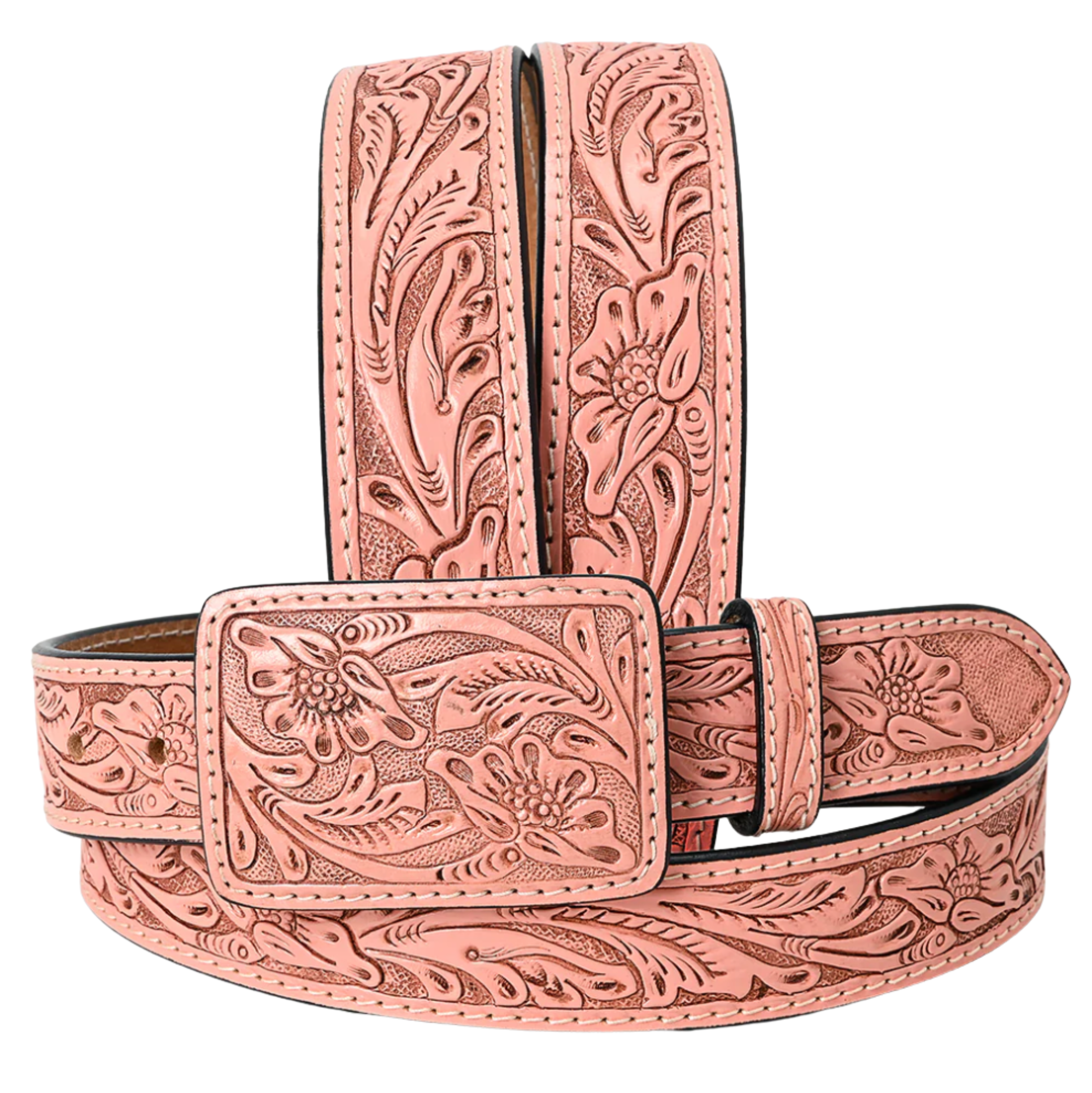 Tooled Natural Leather Belt With Tooled Buckle