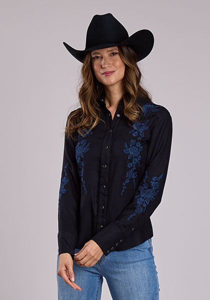 Stetson | Blue Embroidered Rayon Snap Shirt | Black
