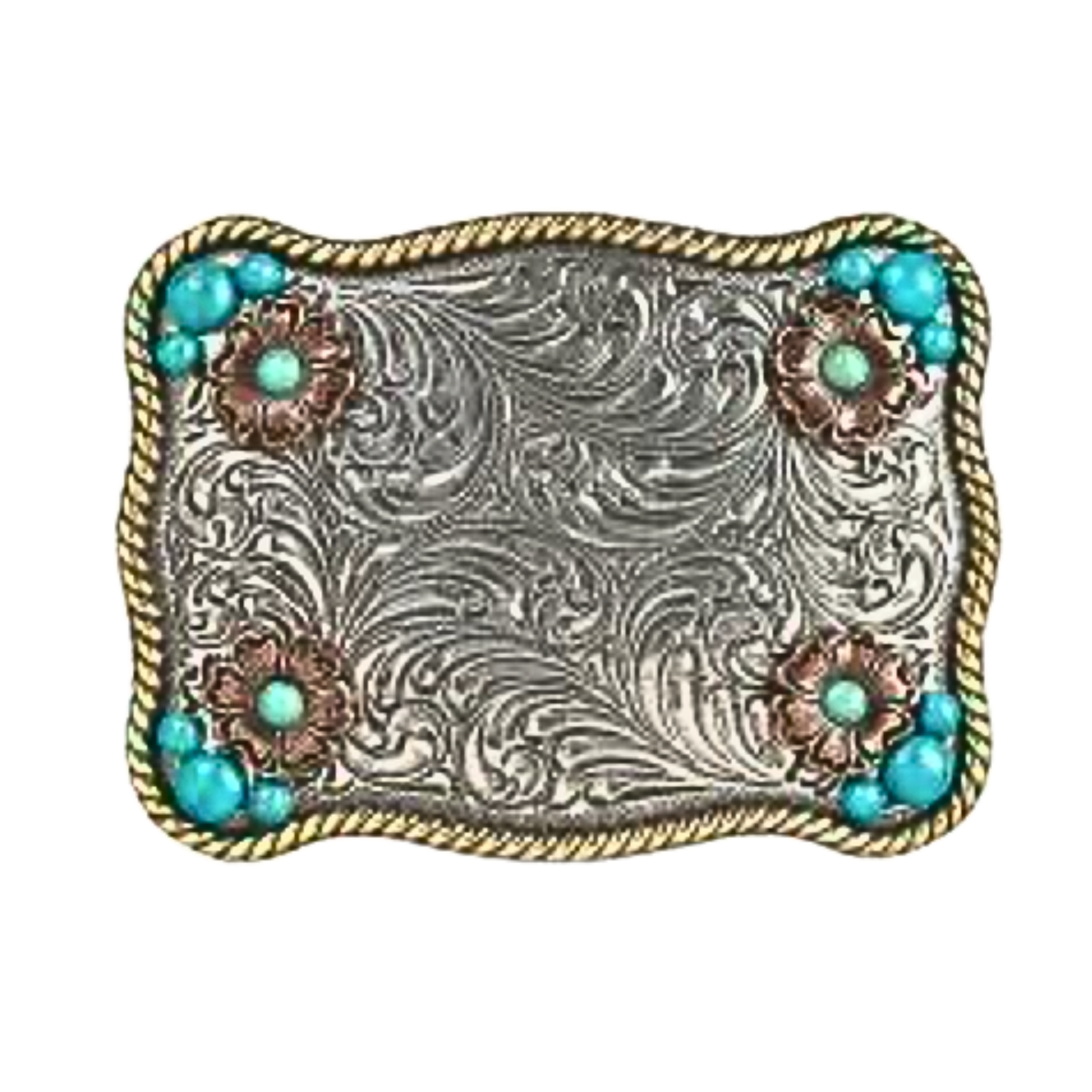 Copper Flowers with Turquoise Stone Ladies Belt Buckle