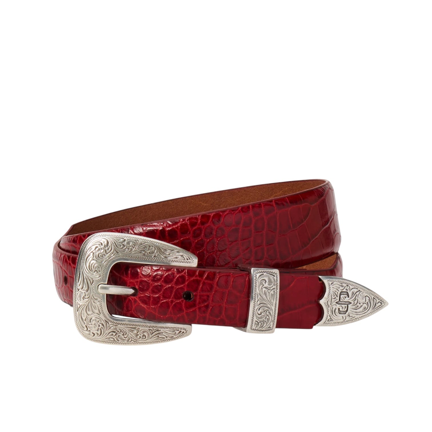 Stetson | Croc Print Italian Leather Tapered Belt | Red