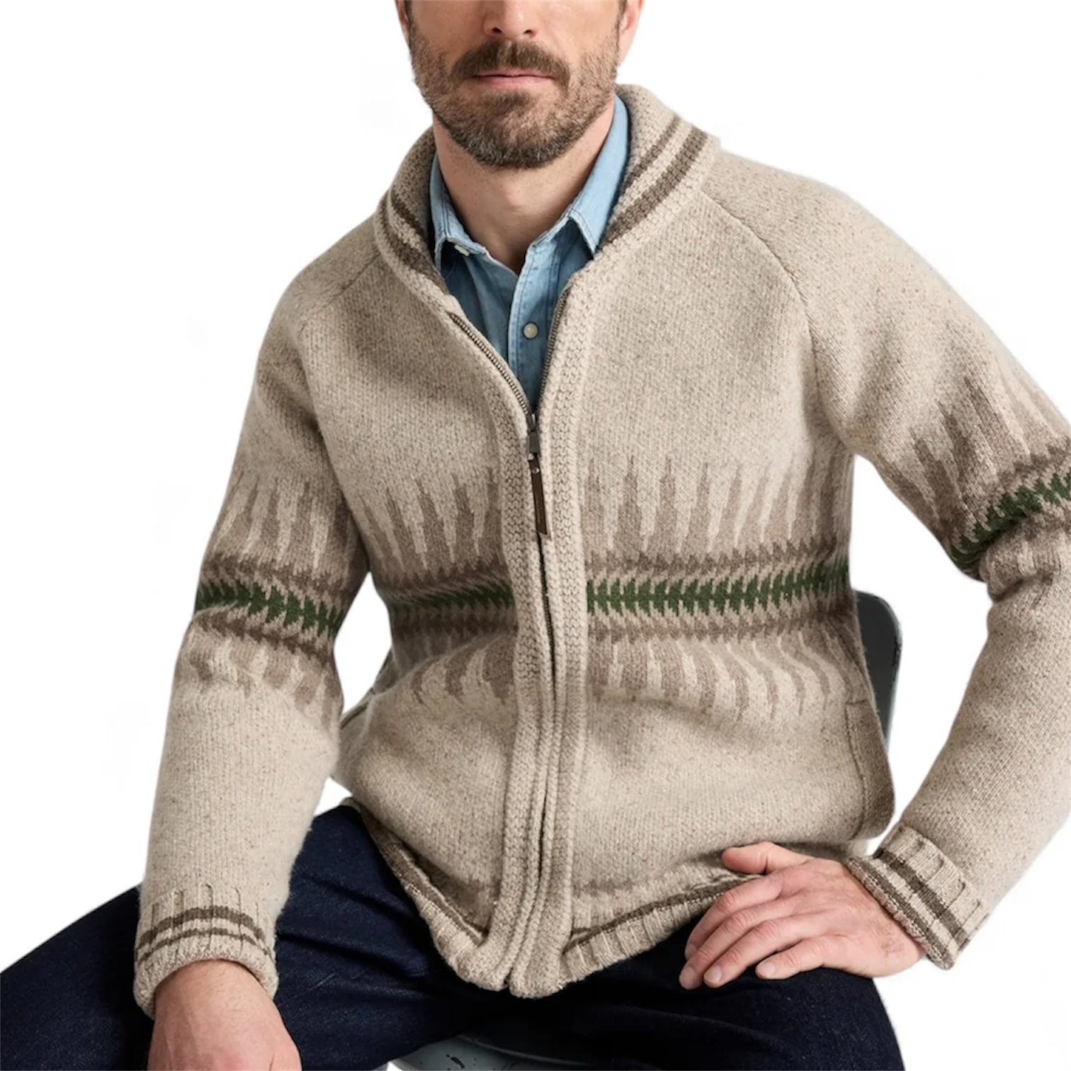 Pendleton | Sawtooth Buck Lambswool Zip Cardigan | Oatmeal