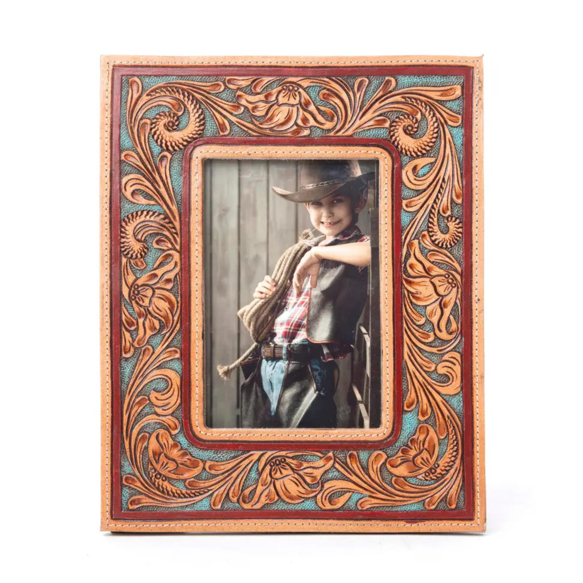 Magnolia Rise Handtooled Leather Photo Frame Deep Mahogany
