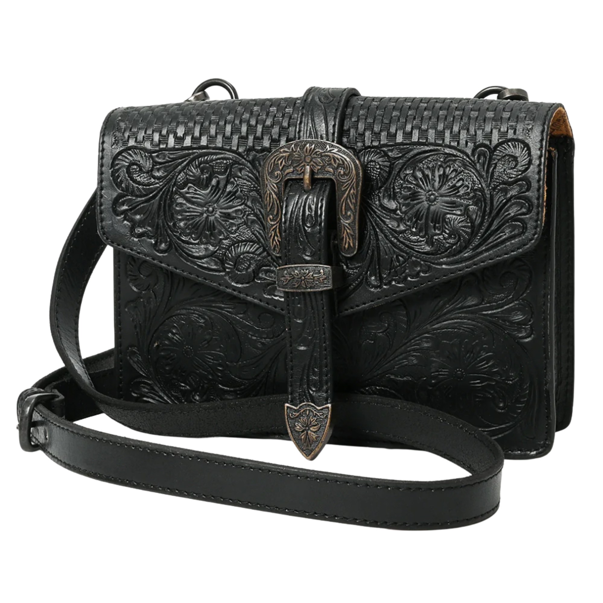 Tooled Black Leather Crossbody With Top Strap