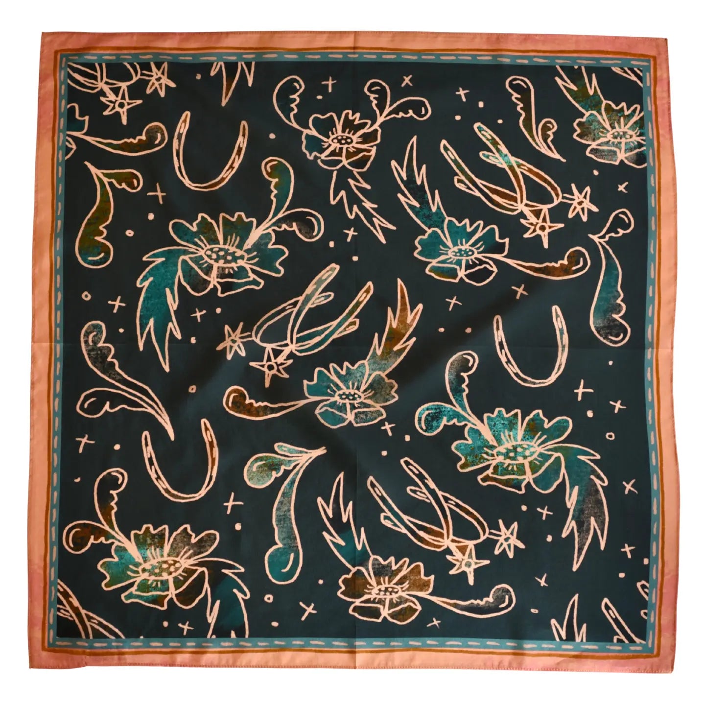 Floral Spurs Turquoise Silk Wild Rag Scarf | 26 x 26