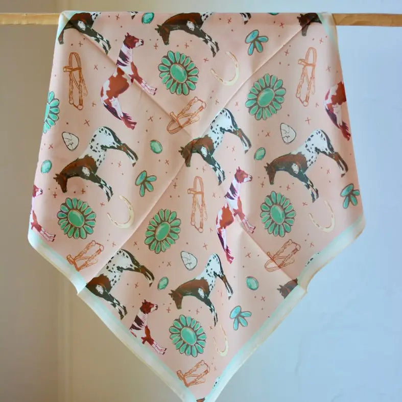 Horses & Turquoise Silk Wild Rag Scarf | 26 x 26
