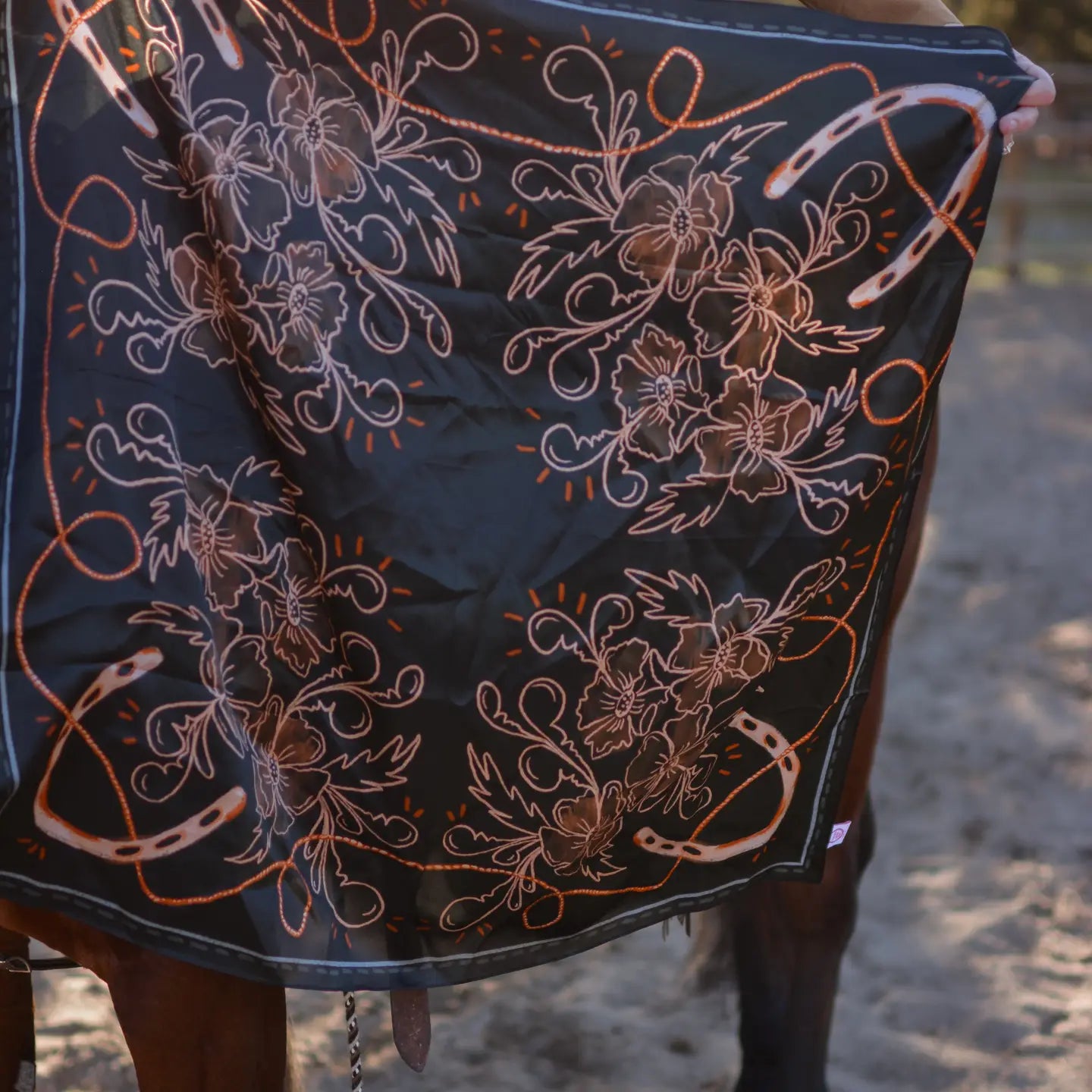 Navy Floral Horseshoe Mulberry Silk Wild Rag | 35 x 35