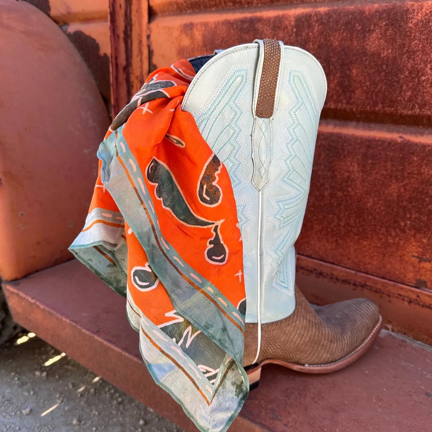 Spurs N’ Horseshoes in Rust Silk Wild Rag Scarf | 26 x 26