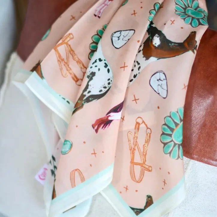 Horses & Turquoise Silk Wild Rag Scarf | 26 x 26