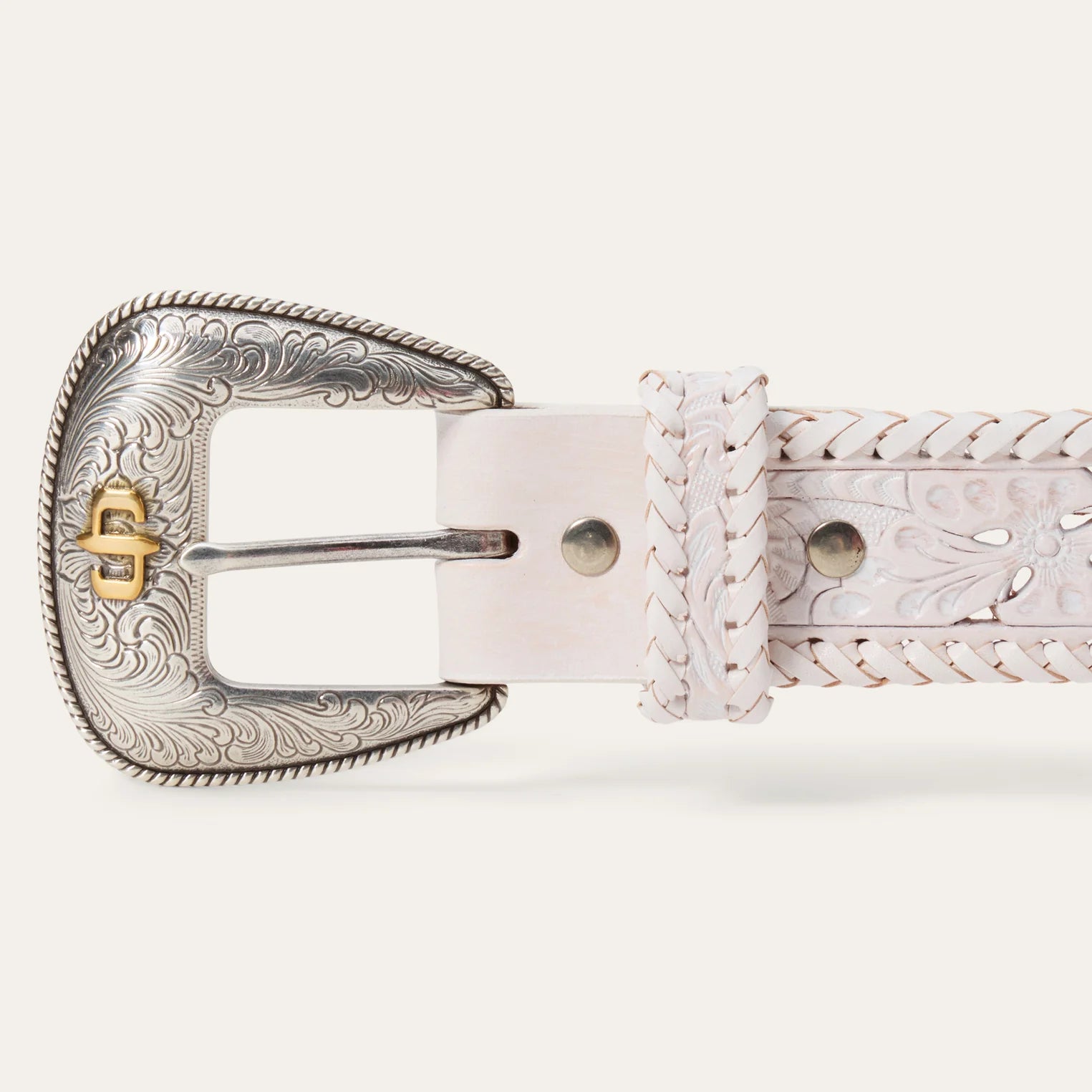 Stetson | Tooled Leather w/ Cutouts & Whipstitch Edges Belt | White