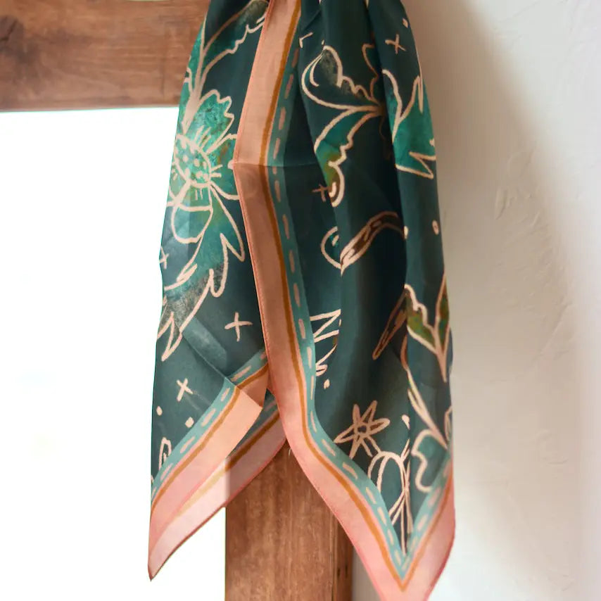 Floral Spurs Turquoise Silk Wild Rag Scarf | 26 x 26