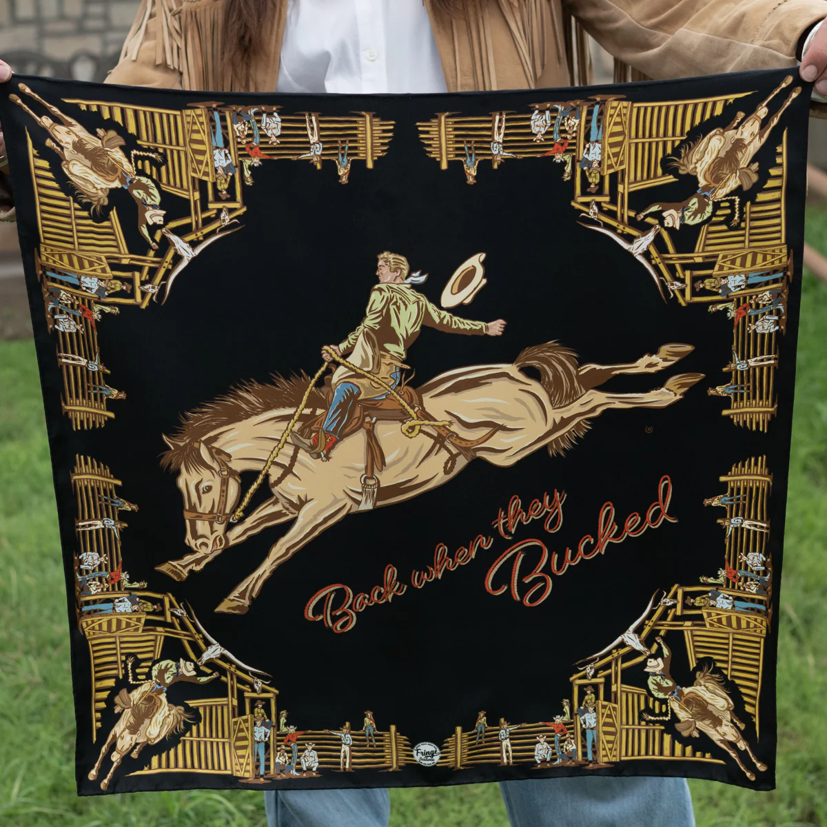 Back When They Bucked Silk Bandana 26 x 26 | Black