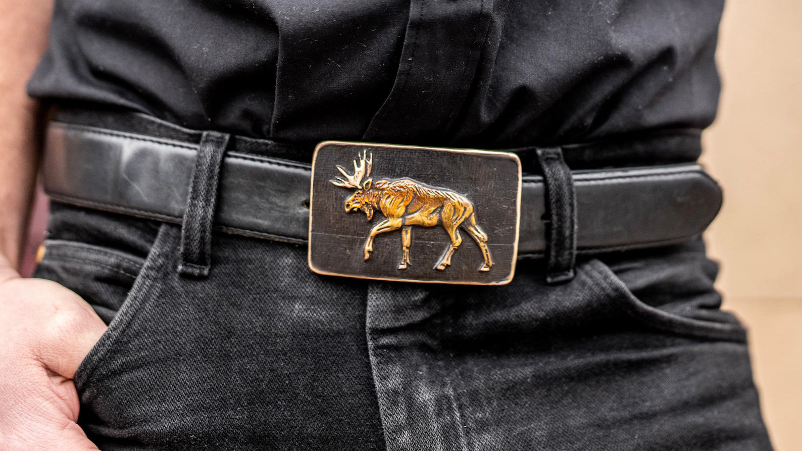 Moose Tracks Bronze Belt Buckle | Black | Rectangle