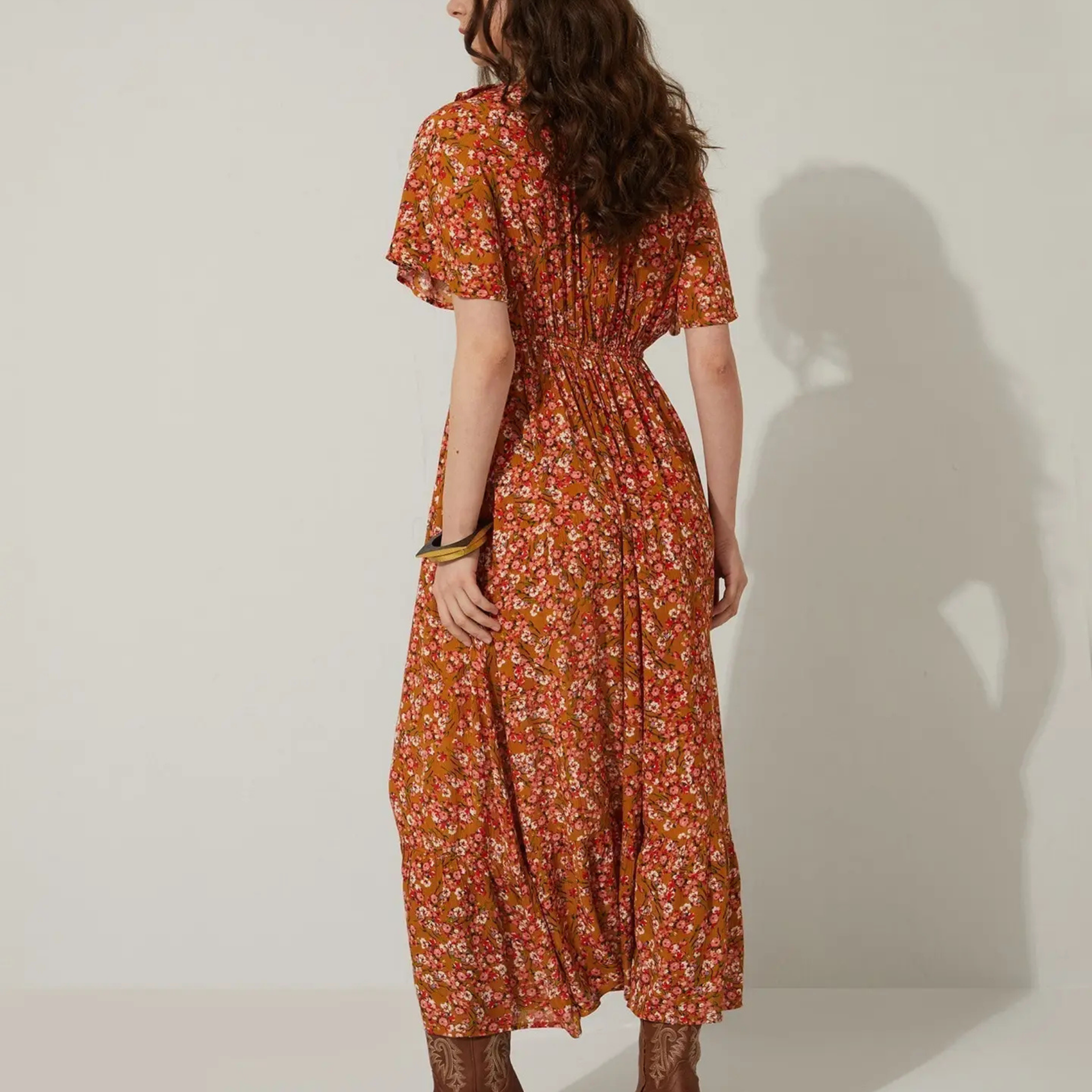 Bohera Bernadette Floral Neck Ruffle Dress