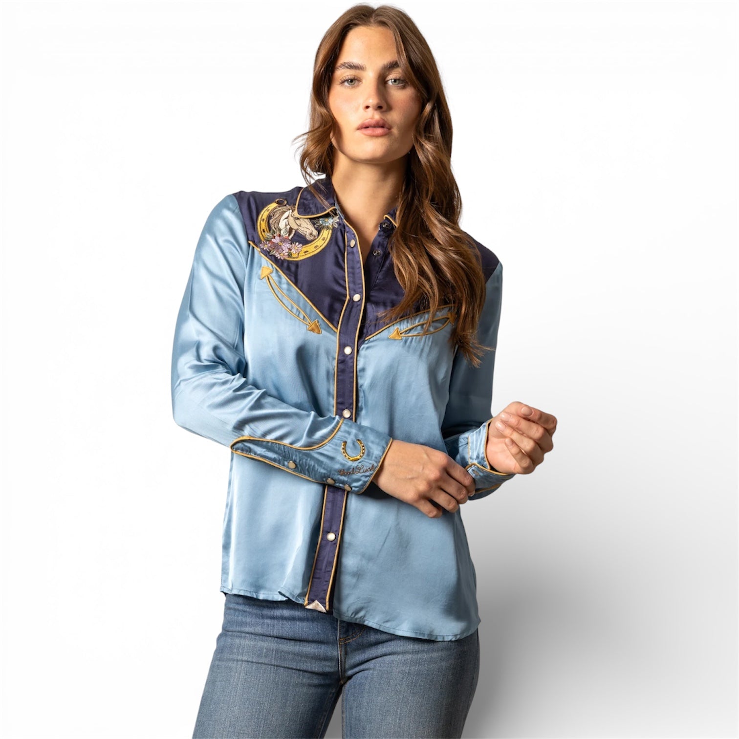 Kimes Ranch | Merada Embroidered Snap Blouse | Mid Blue