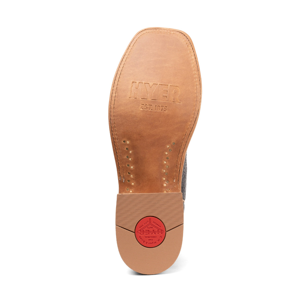 Brown leather shoe sole with 'Myer' branding on a white background