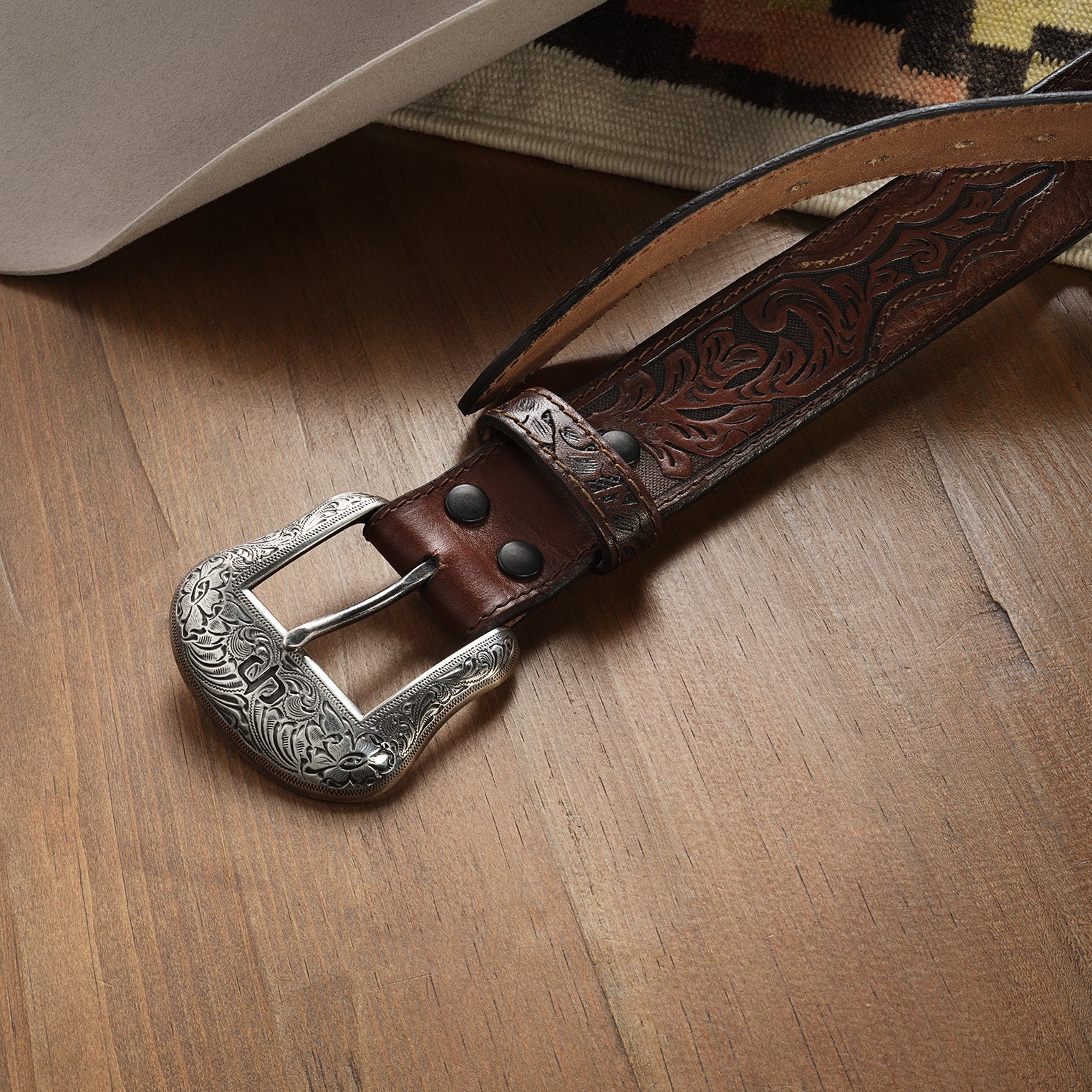Stetson | American Bison Leather Tooled Tab Belt | Hazelnut