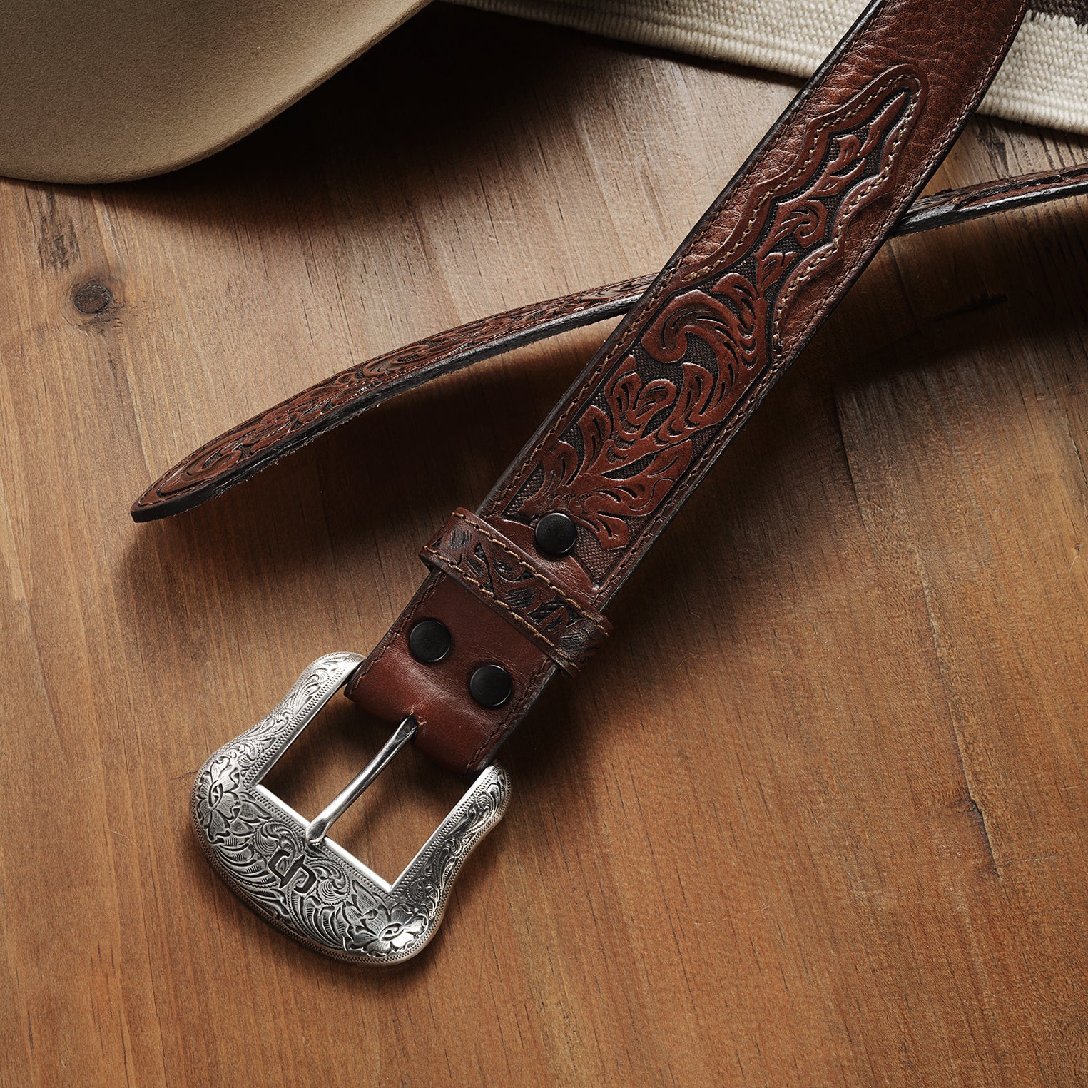 Stetson | American Bison Leather Tooled Tab Belt | Hazelnut
