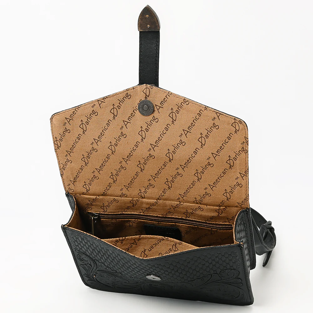 Tooled Black Leather Crossbody With Top Strap