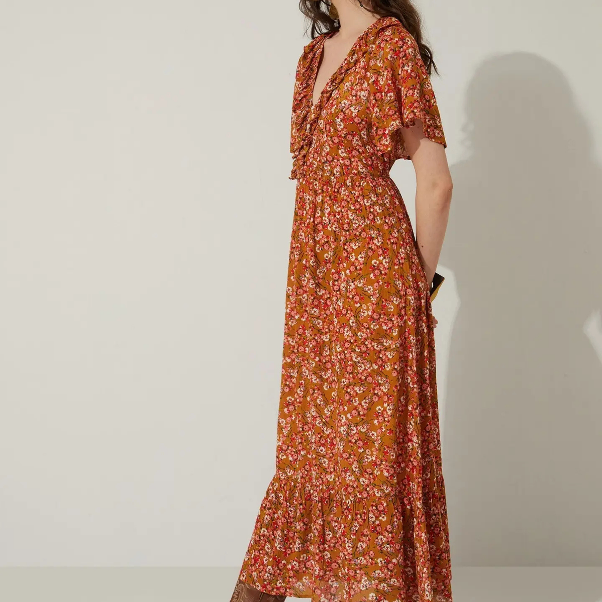 Bohera Bernadette Floral Neck Ruffle Dress